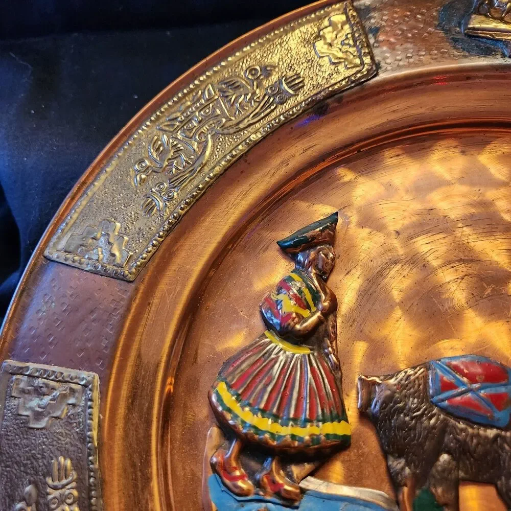 Vintage Peru Copper Metal Decorative Plate Handpainted